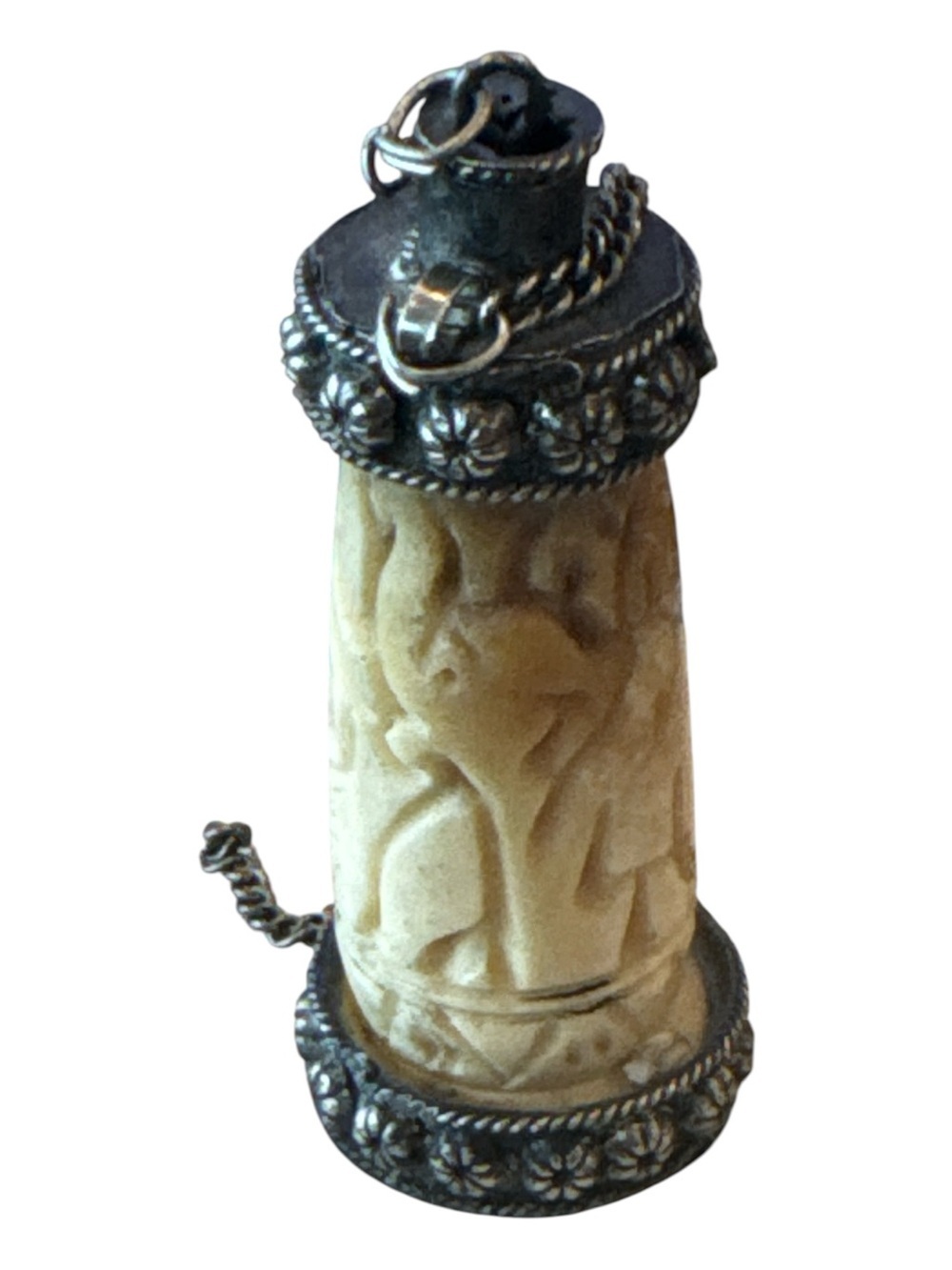 Vintage Carved Elephant & Lion Perfume Flask Pendant Cream Silver
